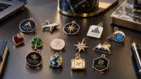 Charms metálicos personalizados con logotipos corporativos de diferentes sectores sobre una mesa de despacho moderna. Charms metálicos personalizados con logotipos corporativos de diferentes sectores sobre una mesa de despacho moderna.