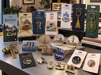 Colección de pins, llaveros, charms y monedas metálicas personalizados para retail con packaging a medida.