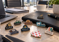 Pins metálicos adhesivos personalizados con logos de empresas ficticias sobre una mesa de sala de reuniones moderna, con varias Pins metálicos adhesivos personalizados con logos de empresas ficticias sobre una mesa de sala de reuniones moderna, con varias