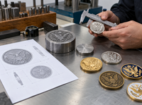 Proceso de fabricación de monedas metálicas personalizadas con diseño, matriz, pieza en bruto, acabados y control de calidad con